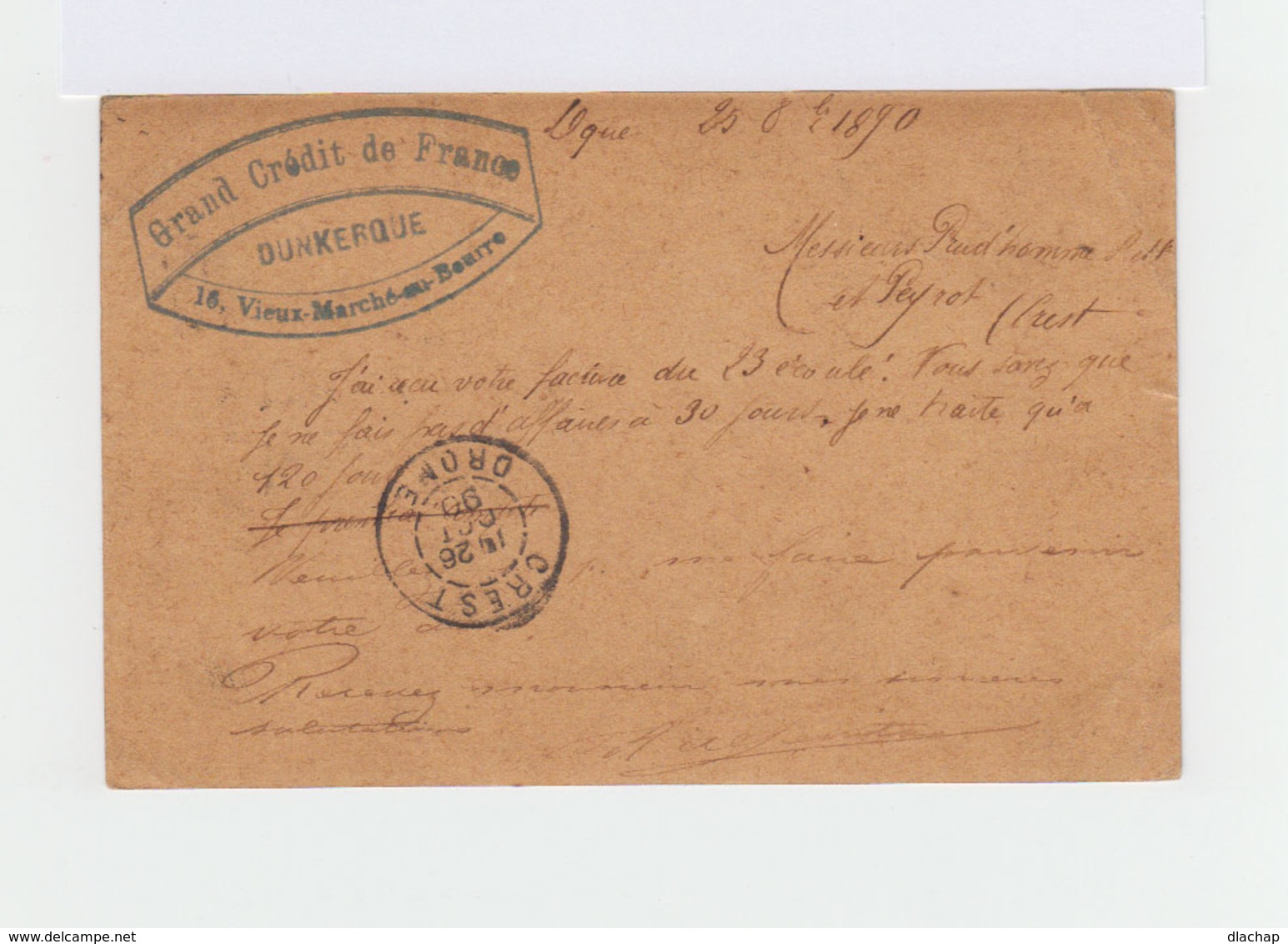 Carte Postale Entier Postal Type Sage Oblitéré CAD Dunkerque 1890. CAD Crest. (912) - Cartes-lettres