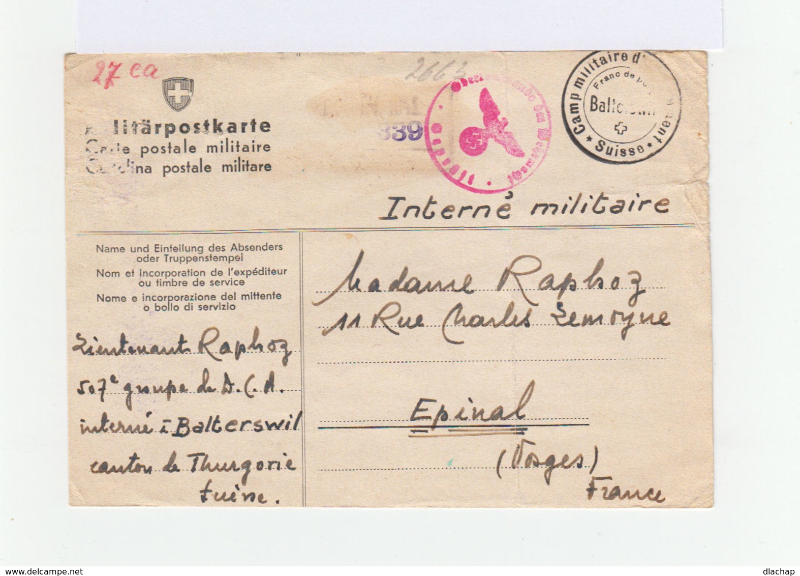 Carte Interné Militaire Suisse 1940. Militärpostkarte.Cachet Camp Molitaire. Cachet Rouge Werhmacht Insigne Nazi. (915) - Guerre De 1939-45