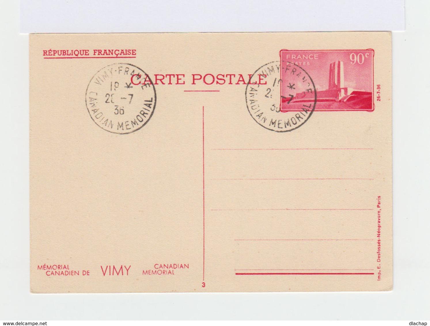 Deux Cartes Entiers Postaux Memorial De Vimy Canada. CAD Vimy France Canadian Memorial 1936. (919) - Cartes Postales Types Et TSC (avant 1995)
