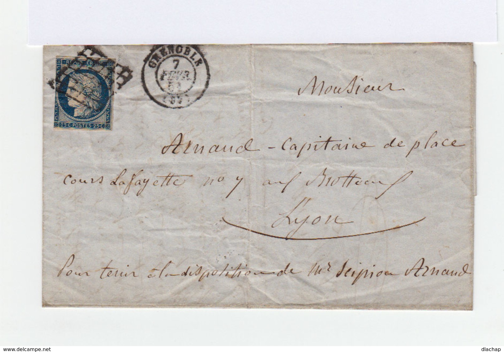 Sur Pli Avec Correspondance Type Céres 25 C. Bleu Oblitéré Grille. CAD Moyen 1851 Grenoble. (921) - 1849-1876: Période Classique