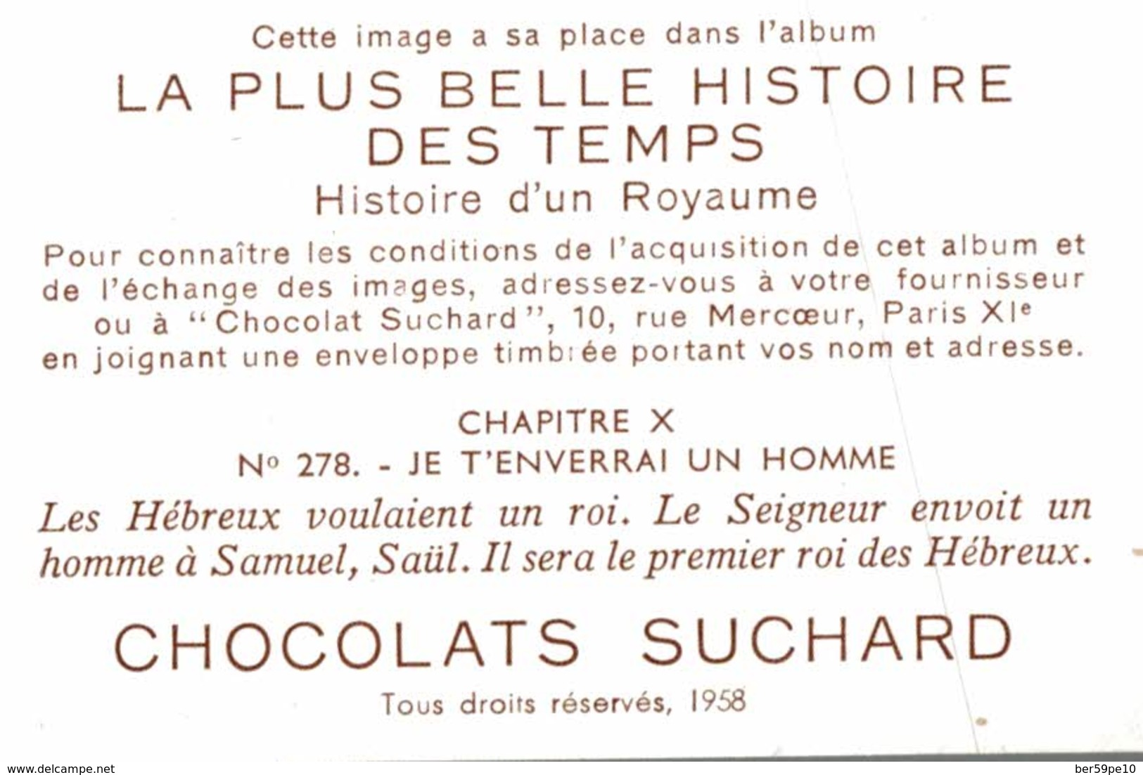 CHROMO  CHOCOLATS SUCHARD  LA PLUS BELLE HISTOIRE DES TEMPS HISTOIRE D'UN ROYAUME N° 278 JE T'ENVERRAI UN HOMME - Suchard