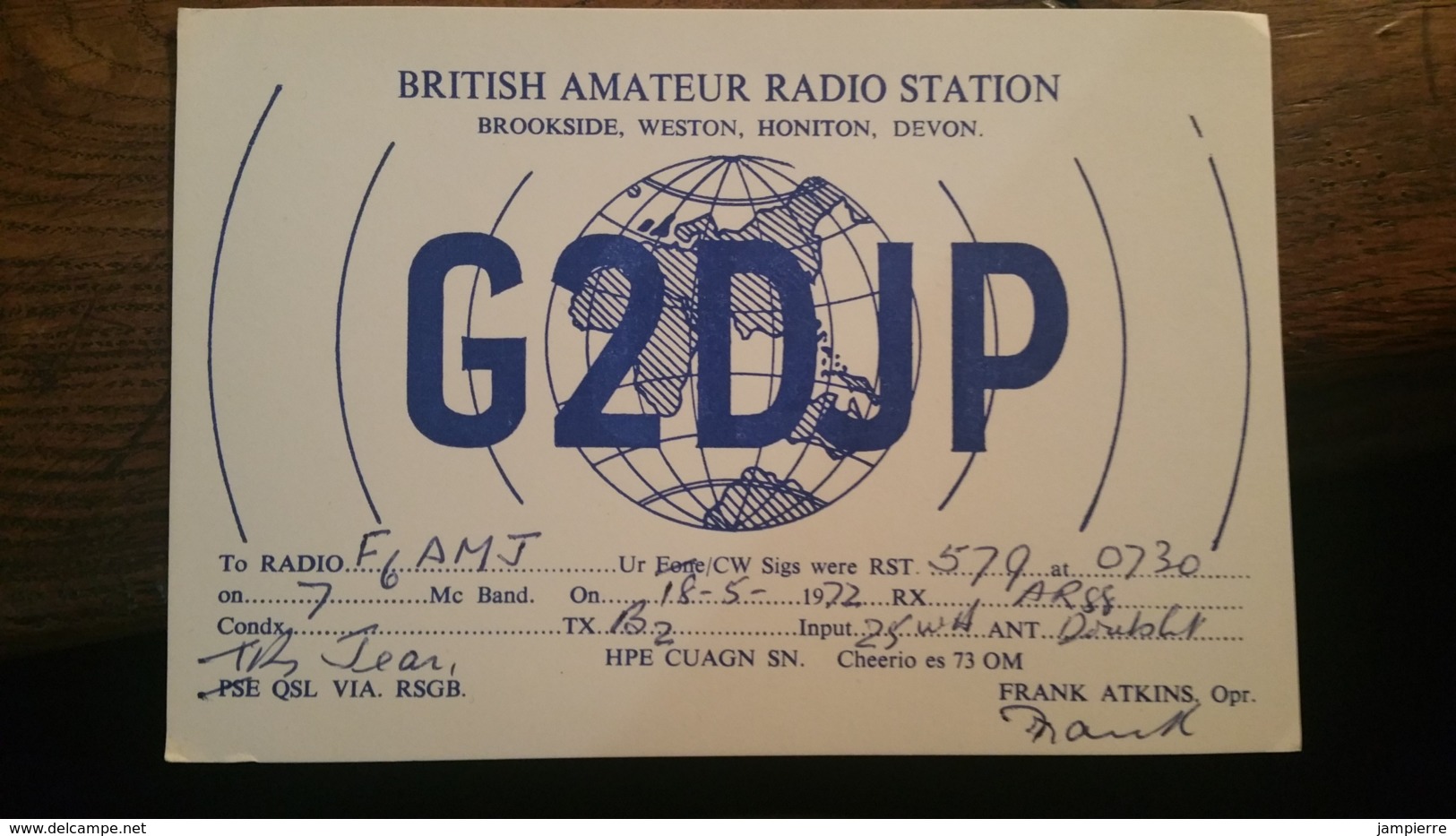 Carte QSL - British Amateur Radio Station - Brookside, Weston, Honiton, Devon - G2DJP - Radio Amatoriale