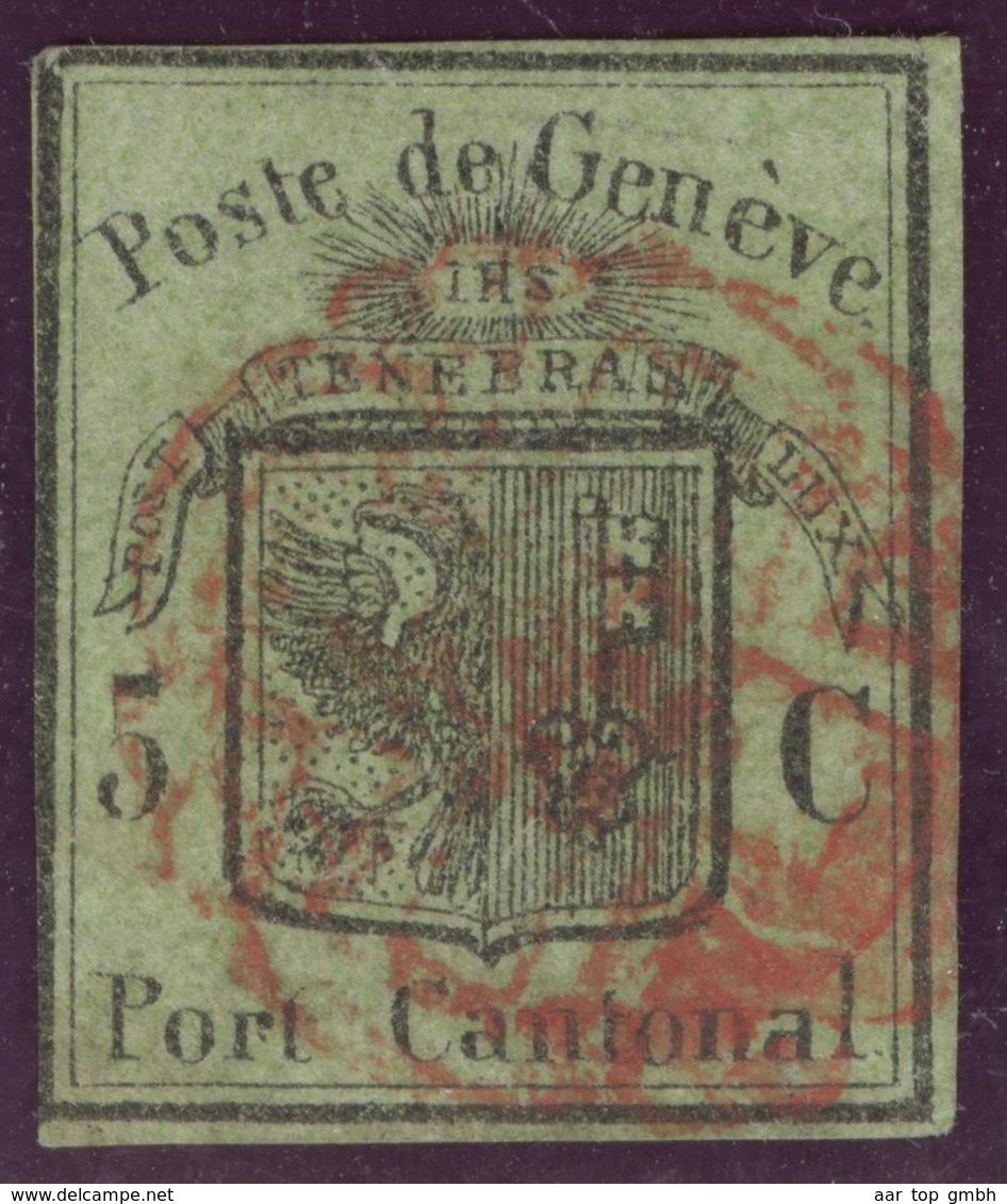 Schweiz 1846 Genf Zu#6 Grosser Adler Befund Rellstab #52826 Rote Rosette (linke Randlinie Angeschniten, Knapp) - 1843-1852 Timbres Cantonaux Et  Fédéraux