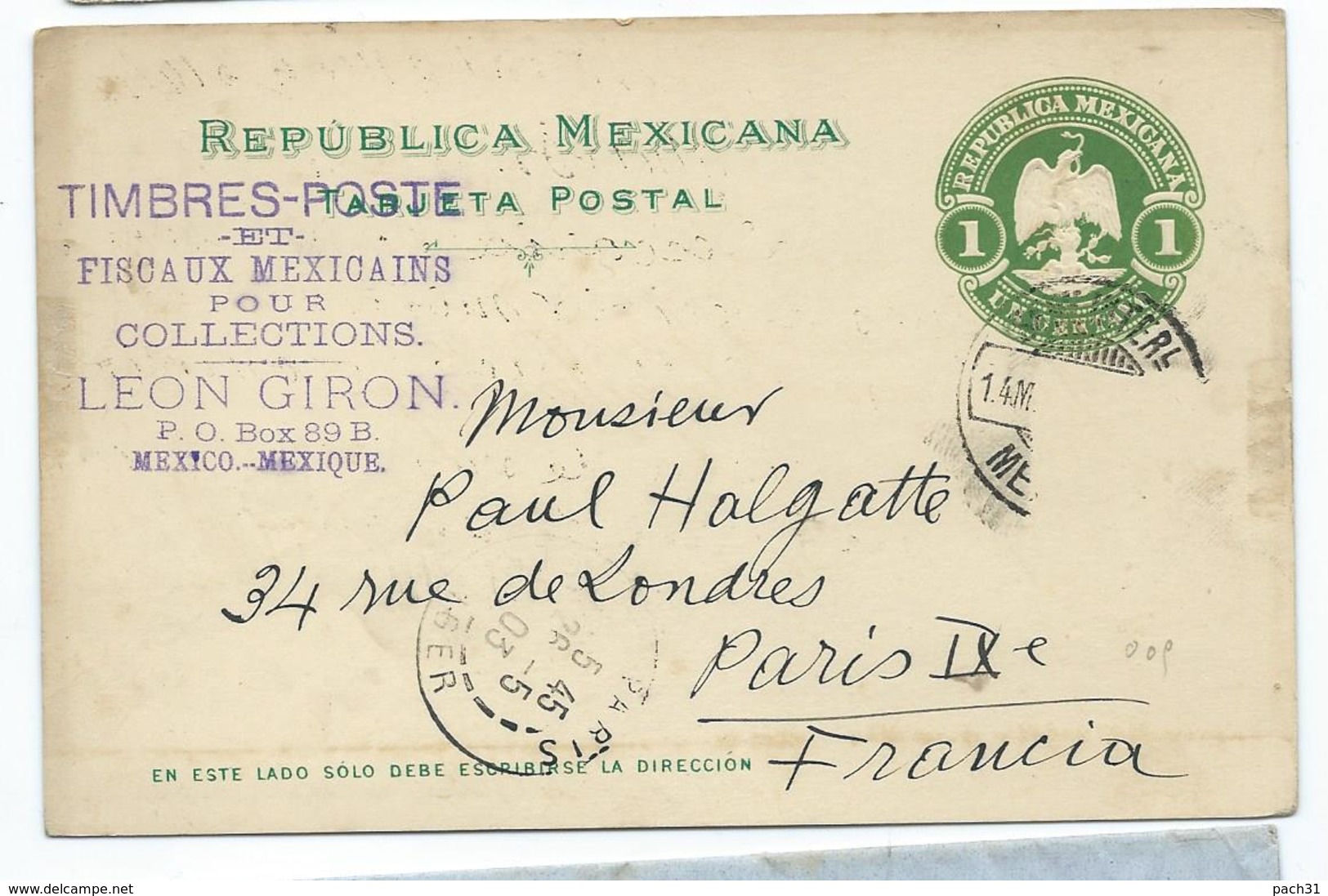 Entier Postal De Mexico Pour Paris 1903 - Mexique