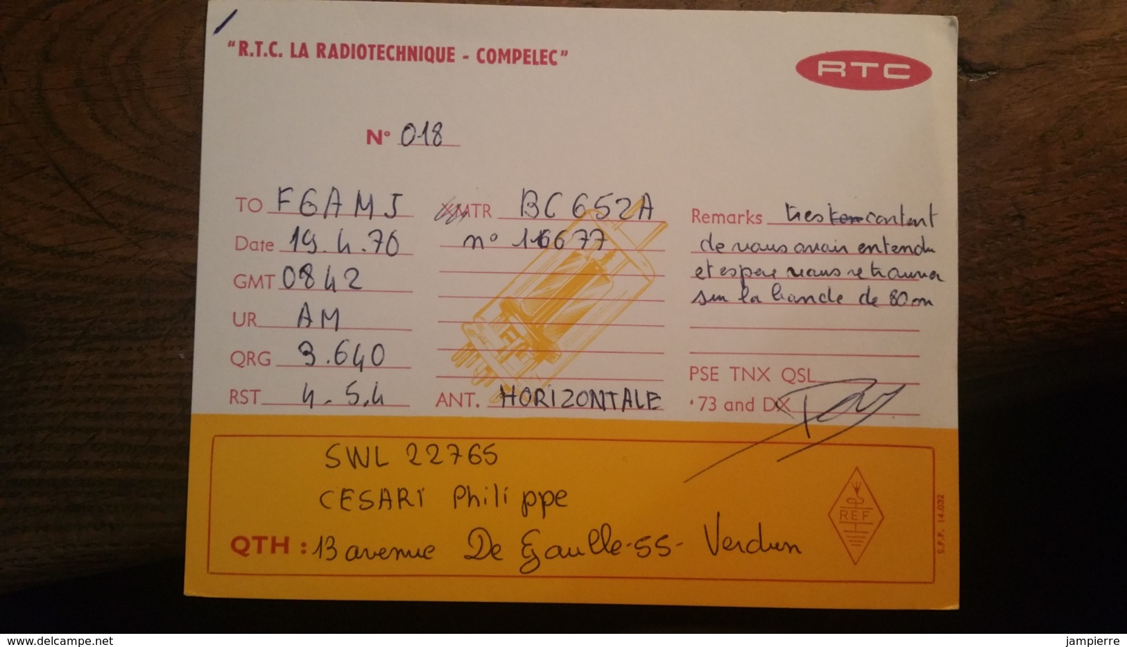 Carte QSL - France - Verdun - RTC La Radiotechnique - Compelec - SWL 22765 - Radio Amatoriale