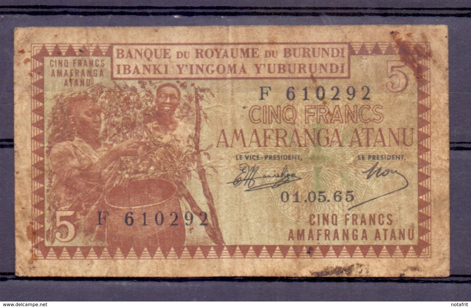 Burundi 5 Fr 1965  VG - Autres - Afrique