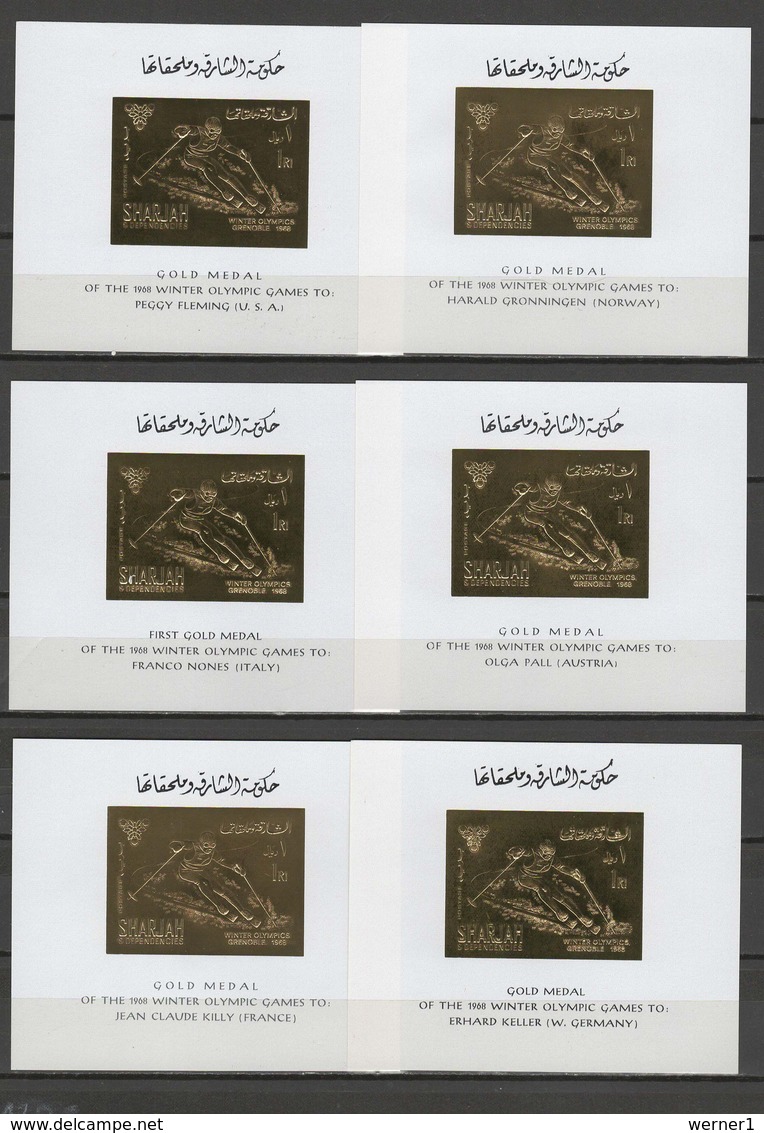 Sharjah 1968 Olympic Games Grenoble Set Of 6 Gold S/s Imperf. With Winners Overprint MNH -scarce- - Hiver 1968: Grenoble