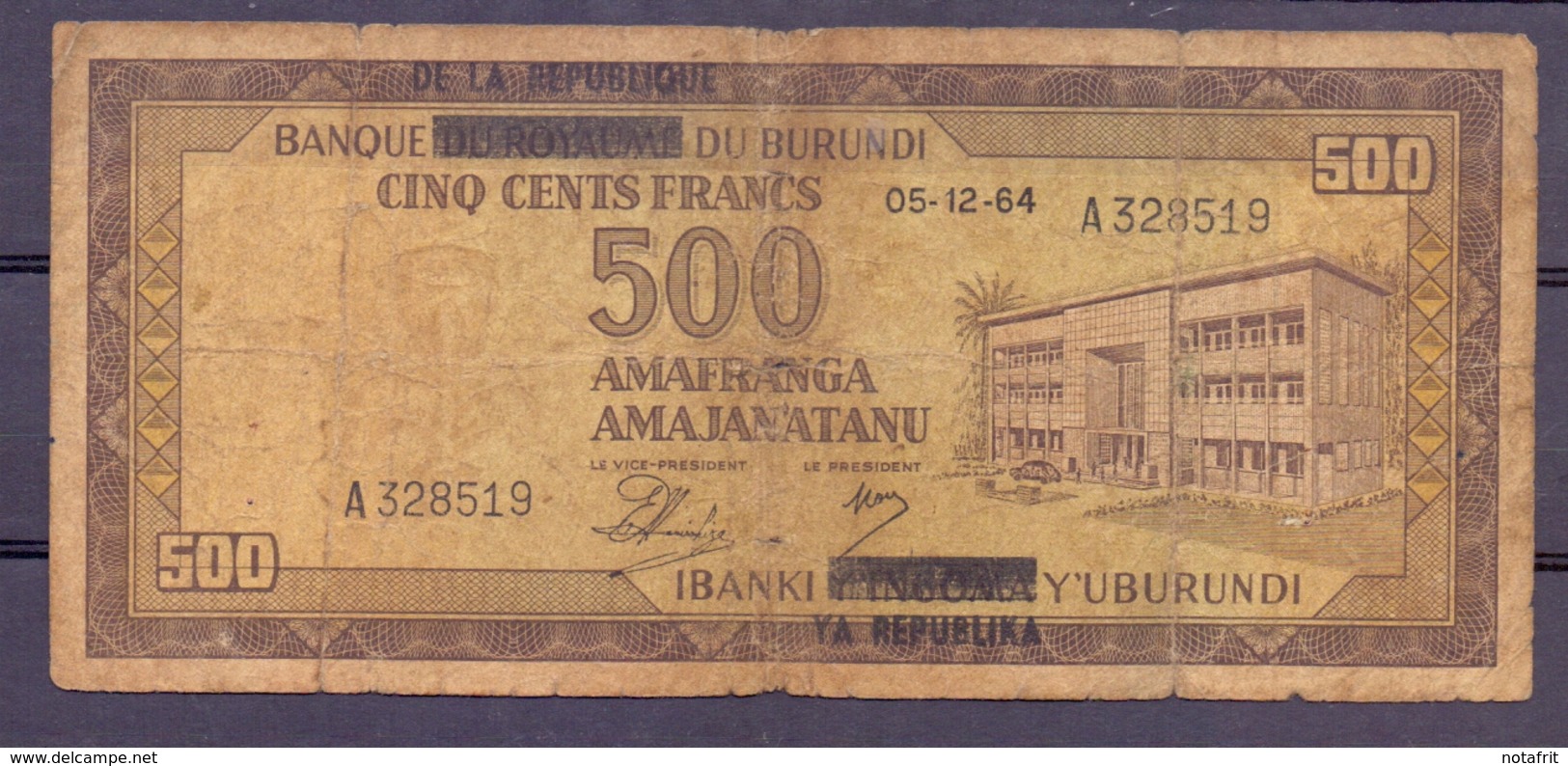 Burundi 500 Fr 1964 Very Rare Overprint  Republique On Royeaume - Autres - Afrique