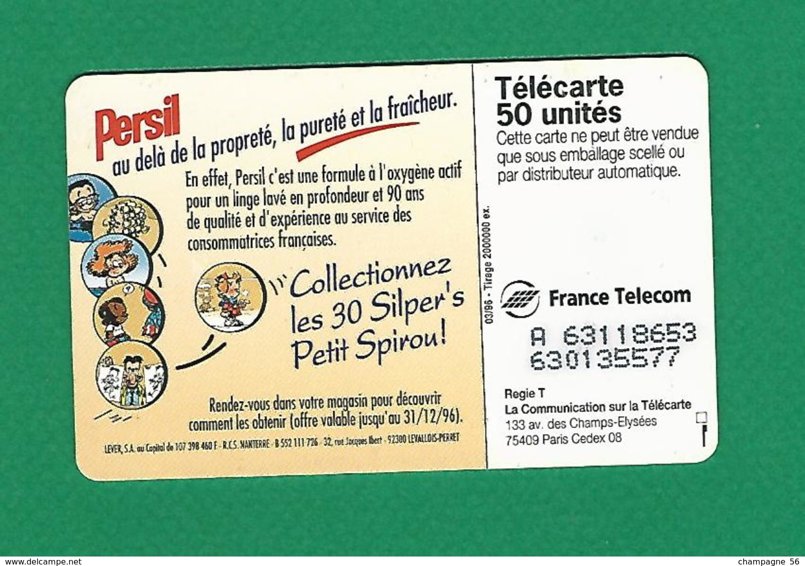 VARIÉTÉS FRANCE TÉLÉCARTE 03 / 1996  PERSIL PLUS BLANC   F632 VI 970 PUCE SO3  50 UNITÉ UTILISÉE - Variétés