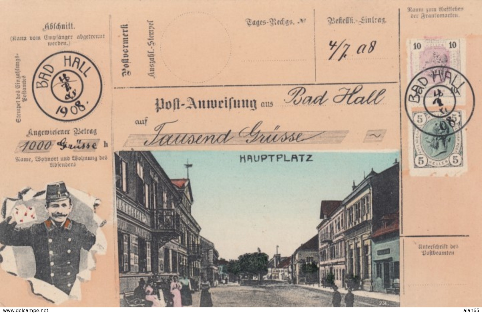 Hauptplatz Bad Hall Austria View, Austrian Mail Service Theme, Postman, Facsimile Stamps Image, C1900s Vintage Postcard - Post & Briefboten