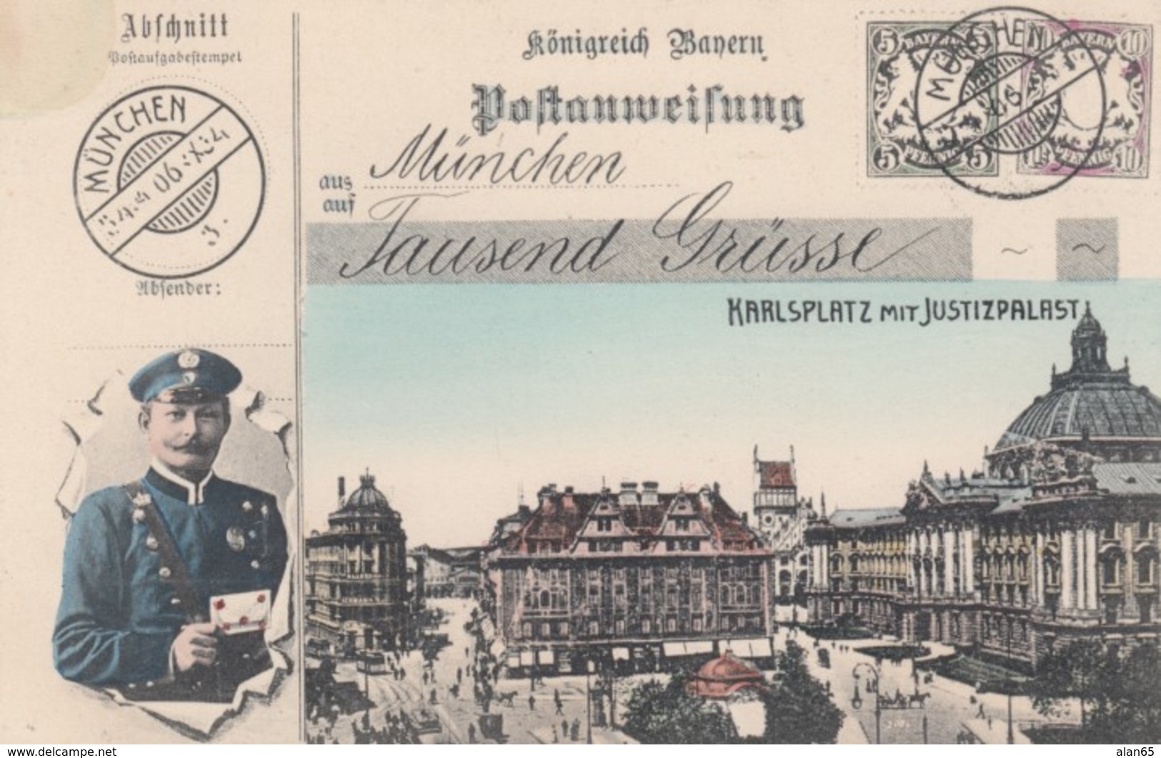 Karlsplatz Munich Muenchen View, German Mail Service Theme, Postman, Facsimile Stamps Image, C1900s Vintage Postcard - Postal Services