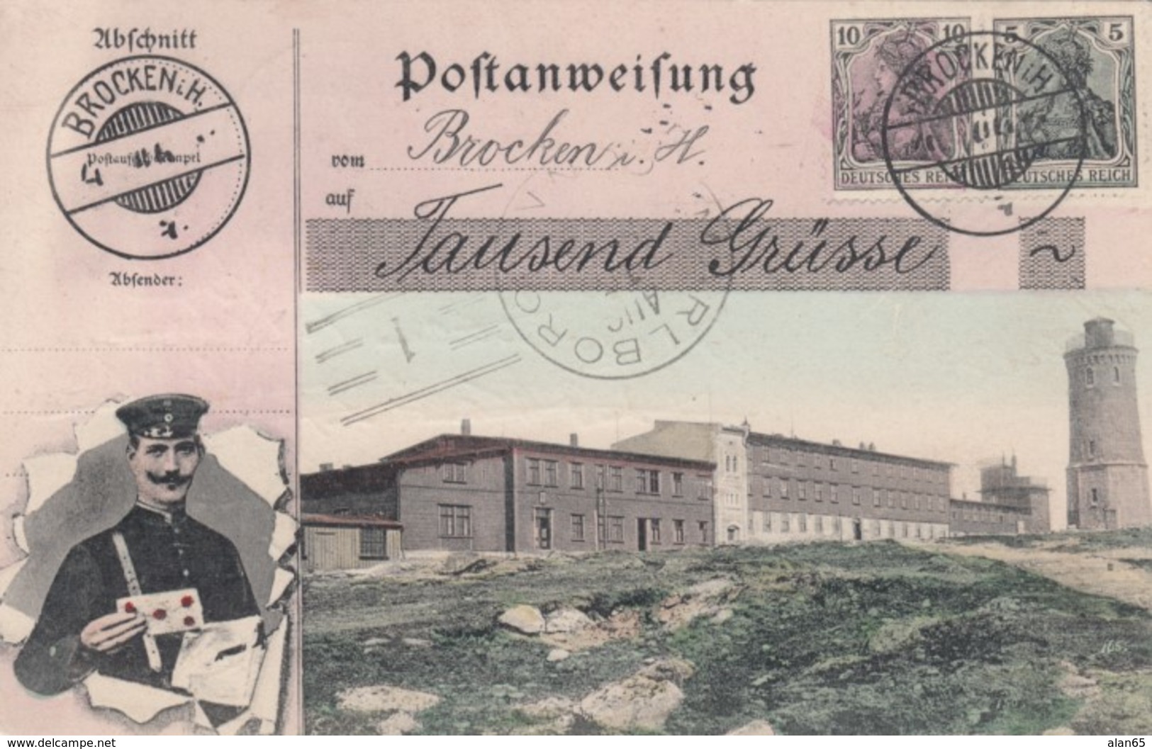 Brocken Germany View, German Mail Service Theme, Postman, Facsimile Stamps Image, C1900s Vintage Postcard - Postal Services