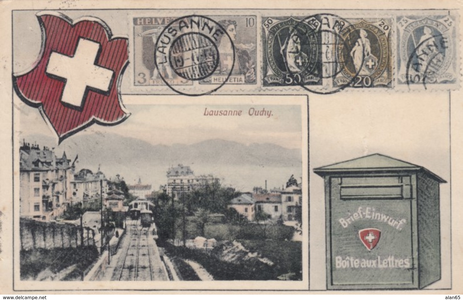 Lausanne Ouchy Switzerland View, Swiss Mail Service Theme, Postman, Facsimile Stamps Image, C1910s Vintage Postcard - Postal Services