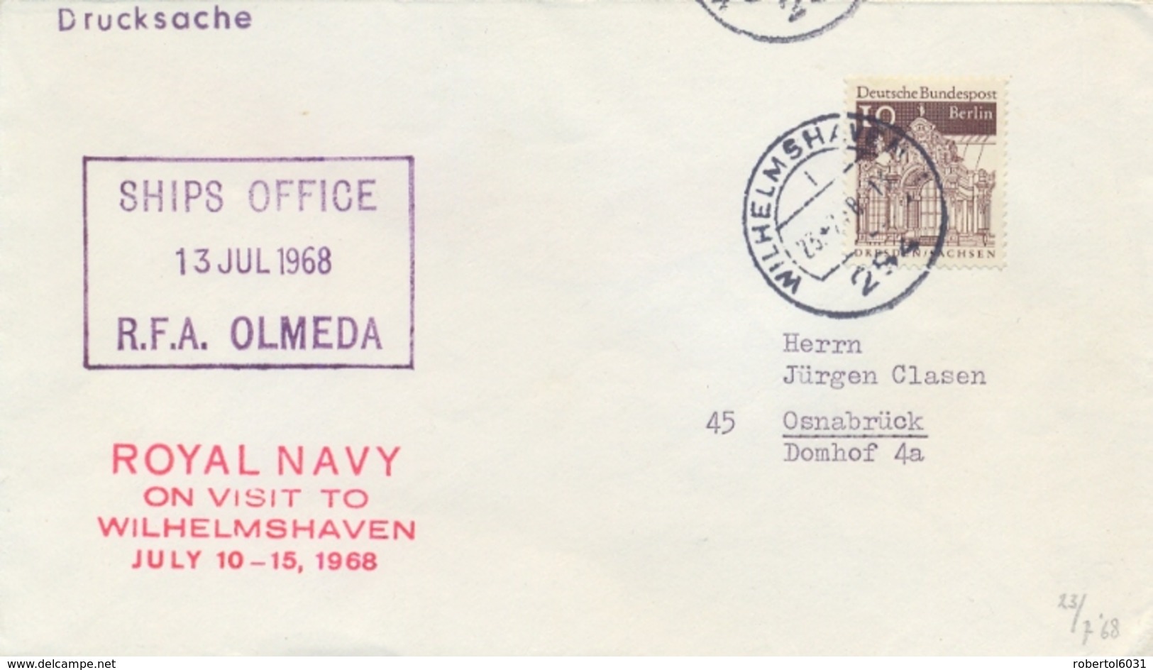 Germany BRD 1968 Cover From Wilhelmshaven With Cachet Royal Navy On Visit R.F.A. Olmeda Ships Office - Militaria