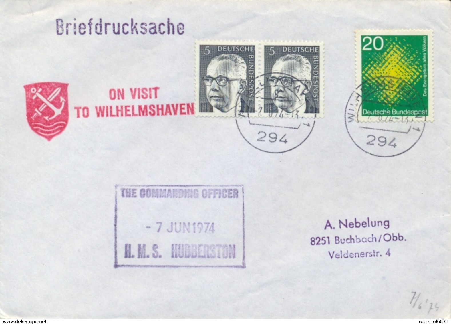 Germany BRD 1974 Cover From Wilhelmshaven With Cachet Royal Navy On Visit H.M.S. Hubberston The Commanding Officer - Militaria