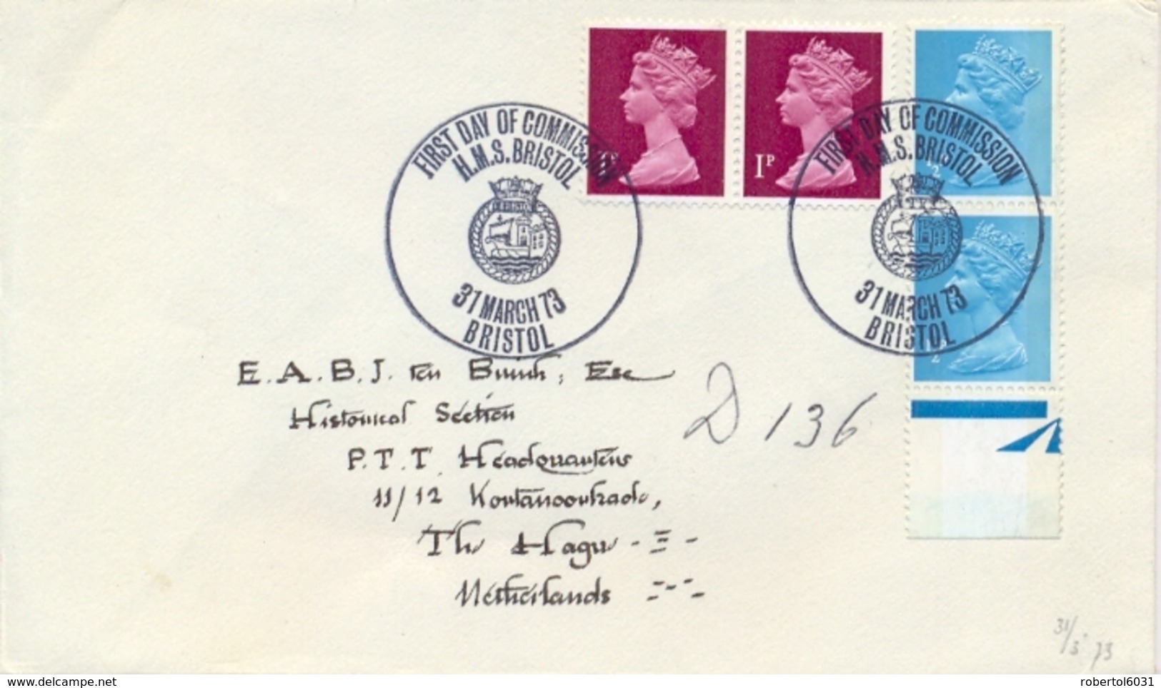 Great Britain 1973 Cover From Bristol To Netherlands With Special Cancel First Day Of Commission HMS Bristol - Militaria