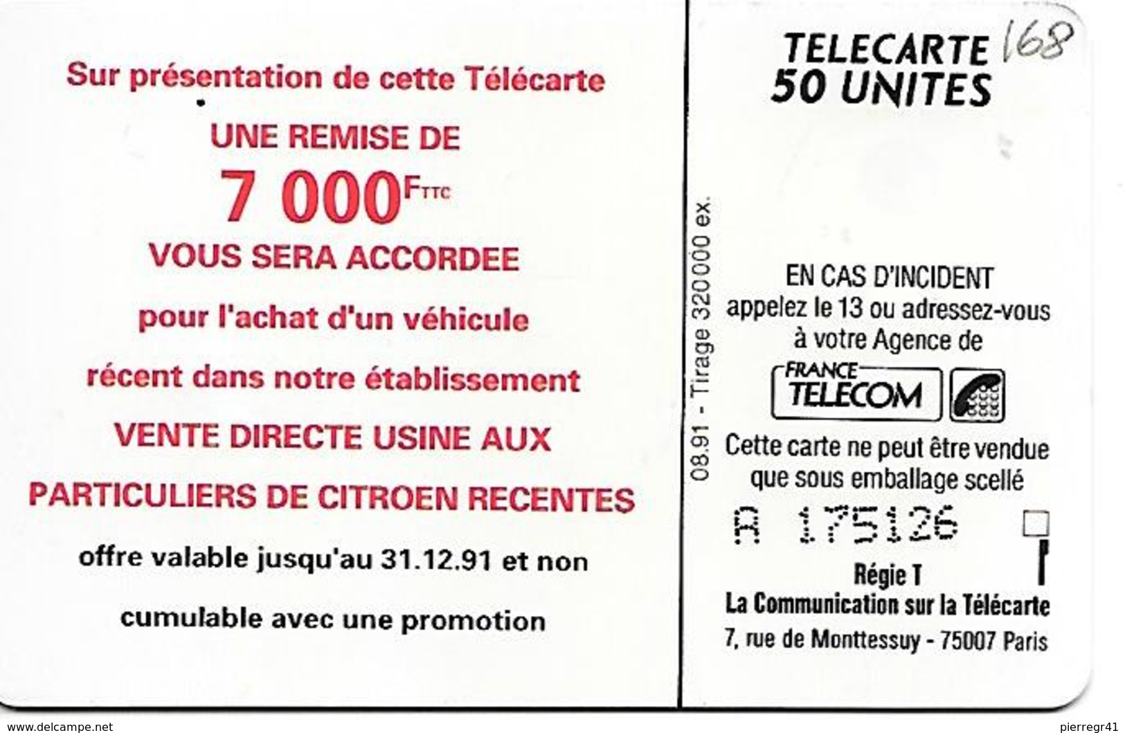 CARTE-a-PUBLIC-F167-50U-SO3-08/91-CITROEN LYON--V°+ 6TGE Lasers 175126-1 Avec Barre-Utilisé- TBE - 1991