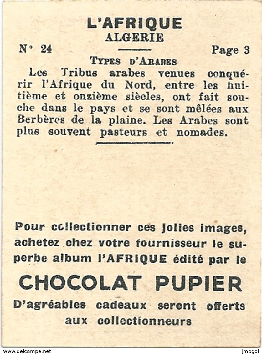 Image Chocolat Pupier Algérie Types D'Arabes N°24 - Autres & Non Classés