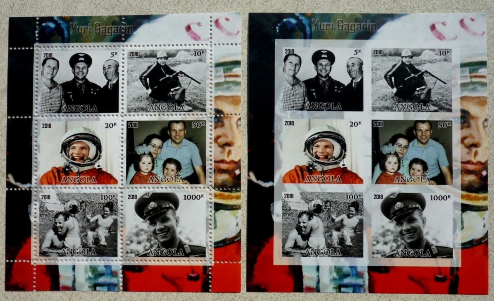 Angola 2018, Soviet SPACE, Yuri Gagarin, 2 Blocks Tooth B Tooth - Angola