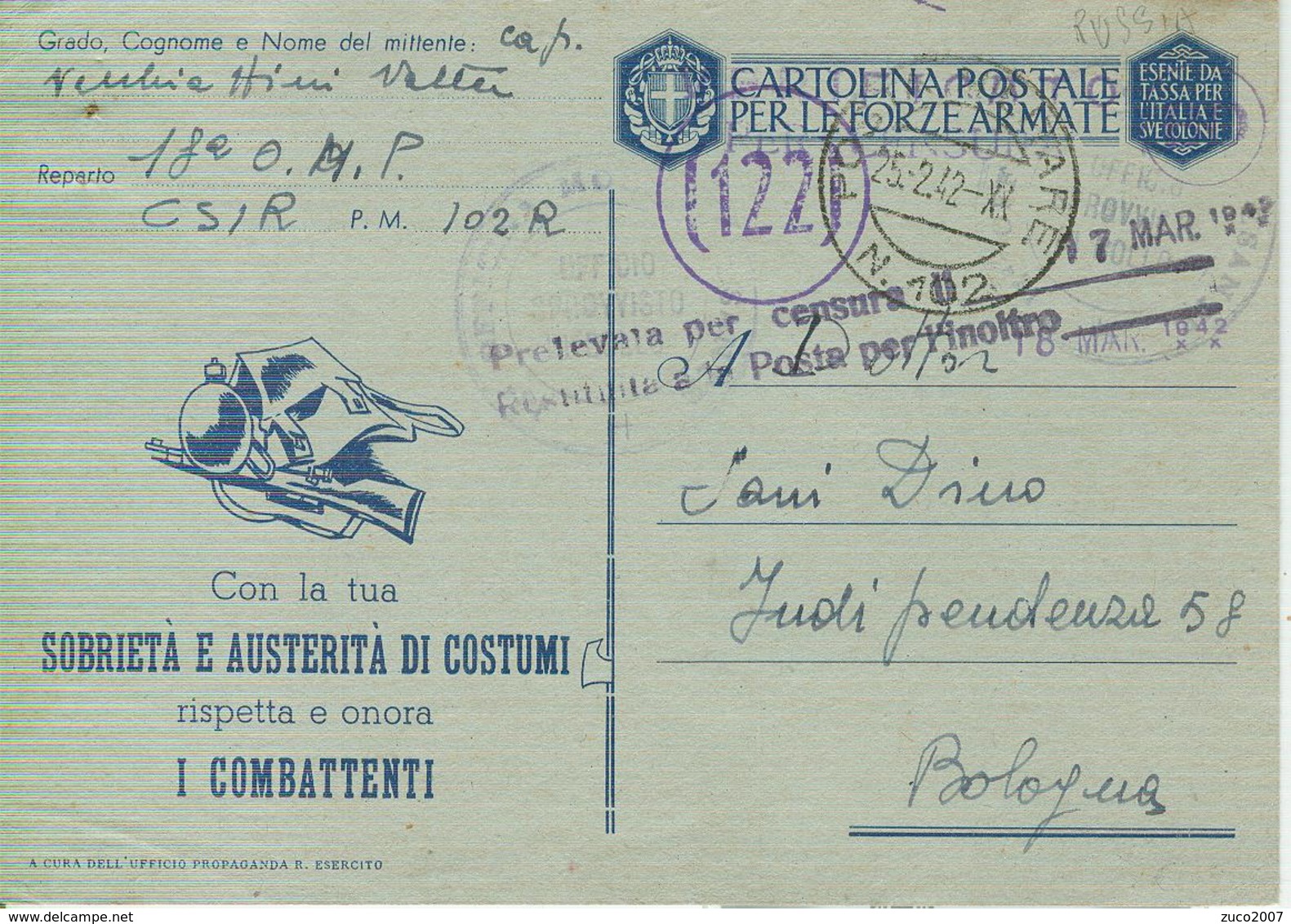 POSTA MILITARE, PM 102R-CSIR-RUSSIA -IN FRANCHIGIA -CENSURA -PER BOLOGNA - - Guerra 1939-45