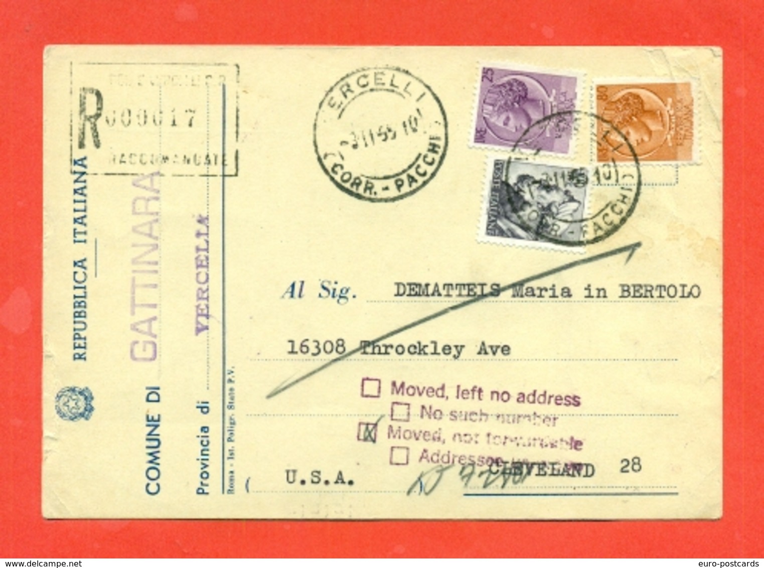 STORIA POSTALE PER L'ESTERO-CARTOLINA ELETTORALE RACCOMANDATA AEREA-DA GATTINARA PER GLI USA-SIRACUSANA+MICHELANGIOLESCA - 1961-70: Storia Postale