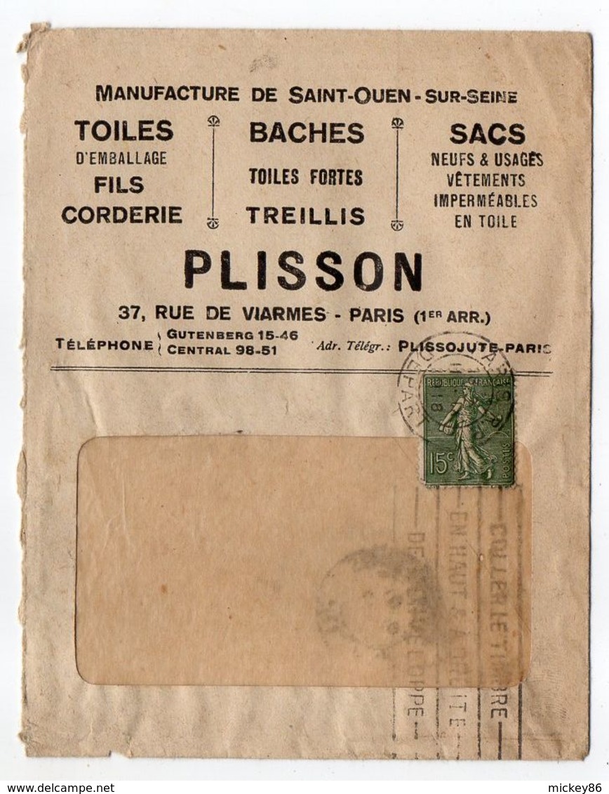 1918-Enveloppe Publicitaire à Fenêtre MANUFACTURE Plisson -SAINT OUEN-PARIS 1er-cachets Paris R.P--VILLEPREUX-78 - 1921-1960: Période Moderne