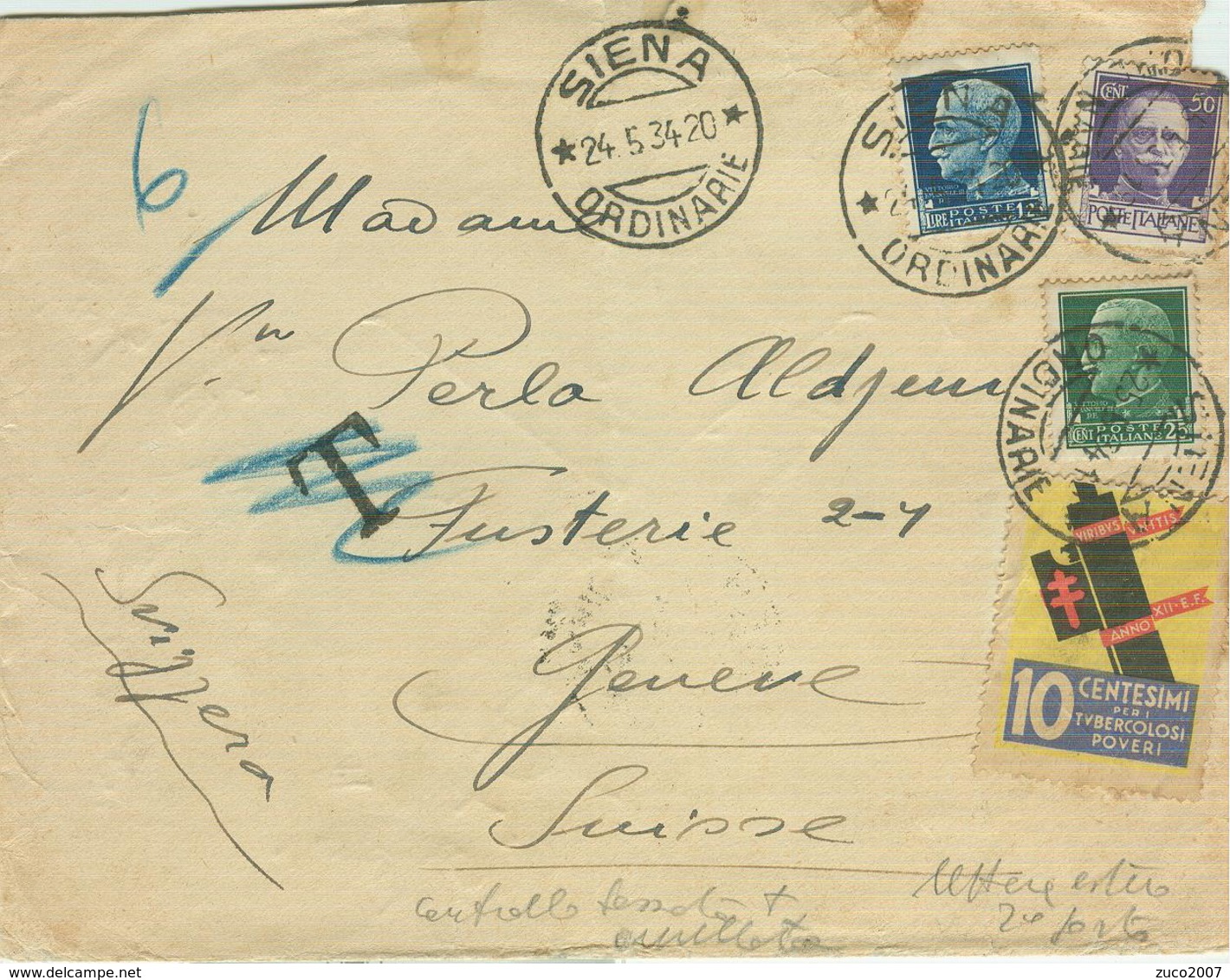 IMPERIALE Cent.25+30+£.1,25-LETTERA ESTERO 2° PORTO-AL CONTROLLO "T Tassata",annullata,ERINNOFILO FASCIO TIMBRATO-SIENA - Storia Postale