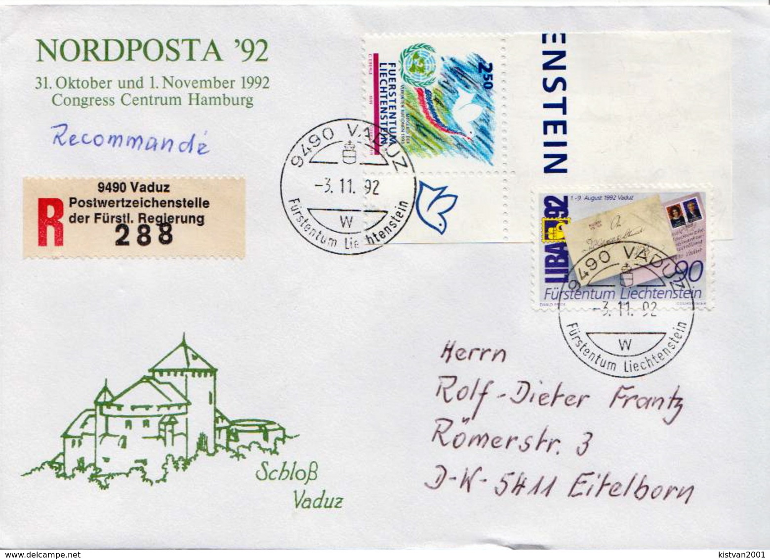 Postal History Cover: Liechtenstein R Cover From Nordposta 92 - Covers & Documents