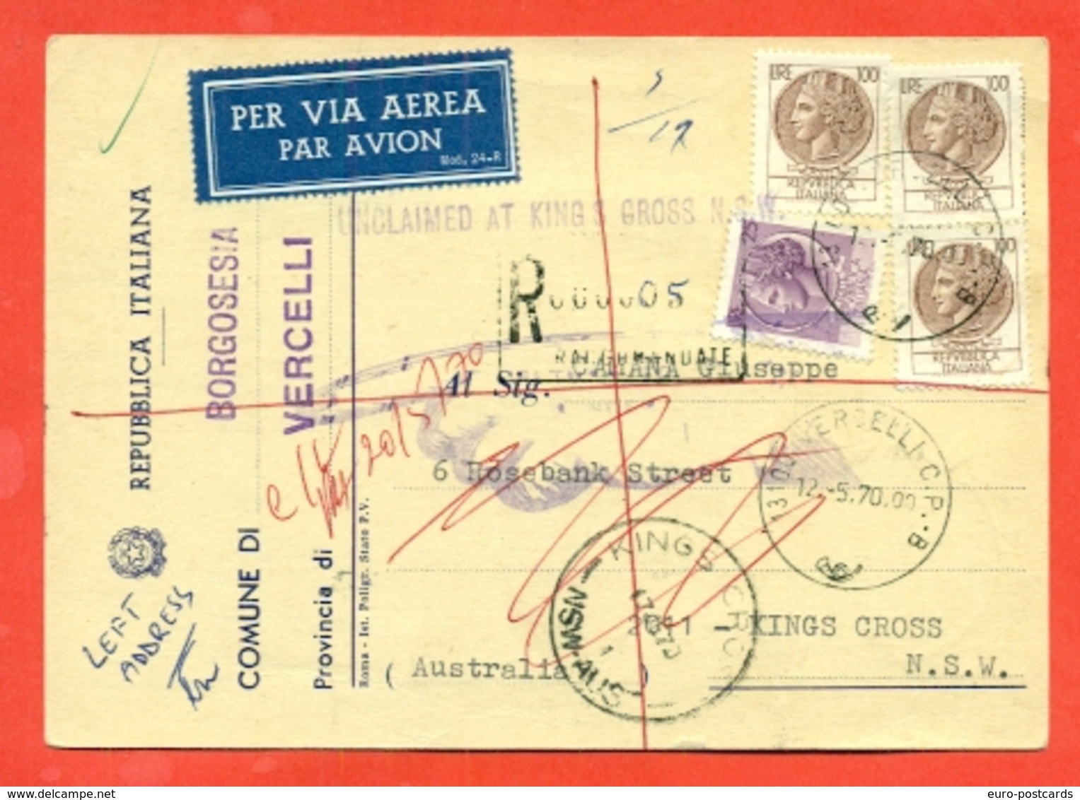 STORIA POSTALE PER L'ESTERO-CARTOLINA ELETTORALE RACCOMANDATA AEREA-DA BORGOSESIA PER L'AUSTRALIA-SIRACUSANA - 1961-70: Storia Postale