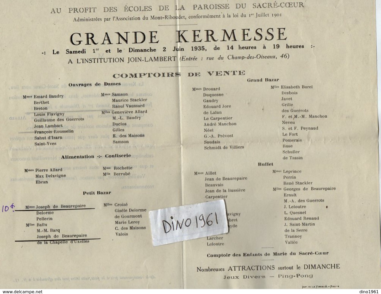 VP13.485 - ROUEN 1935 - Programme - Kermesse Au Profit Des Ecoles De La Paroisse Du Sacré - Coeur - Programmi