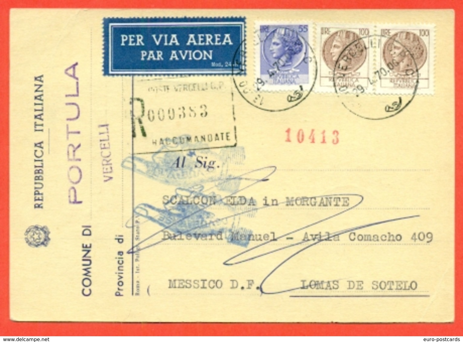 STORIA POSTALE PER L'ESTERO-CARTOLINA ELETTORALE RACCOMANDATA AEREA-DA PORTULA PE IL MESSICO-SIRACUSANA - 1961-70: Storia Postale