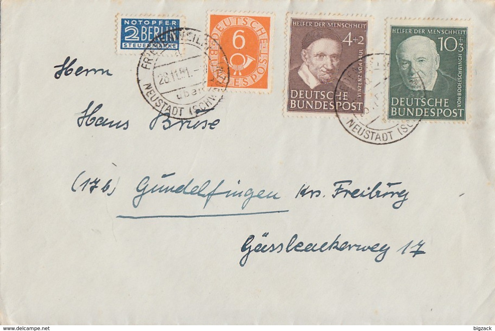 Bund Brief Mif Minr.126,143,144 Friedenweiler 28.11.51 - Briefe U. Dokumente