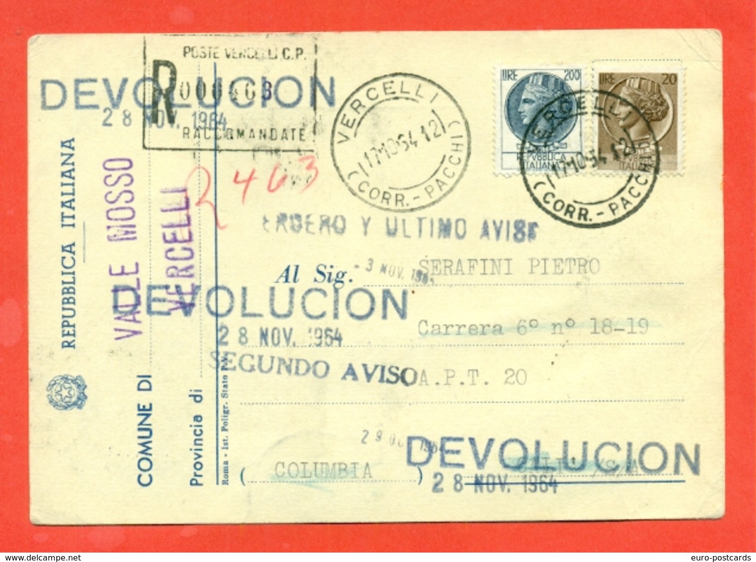 STORIA POSTALE PER L'ESTERO-CARTOLINA ELETTORALE RACCOMANDATA AEREA-DA VALLE MOSSO PER CALI'-SIRACUSANA - 1961-70: Marcophilia