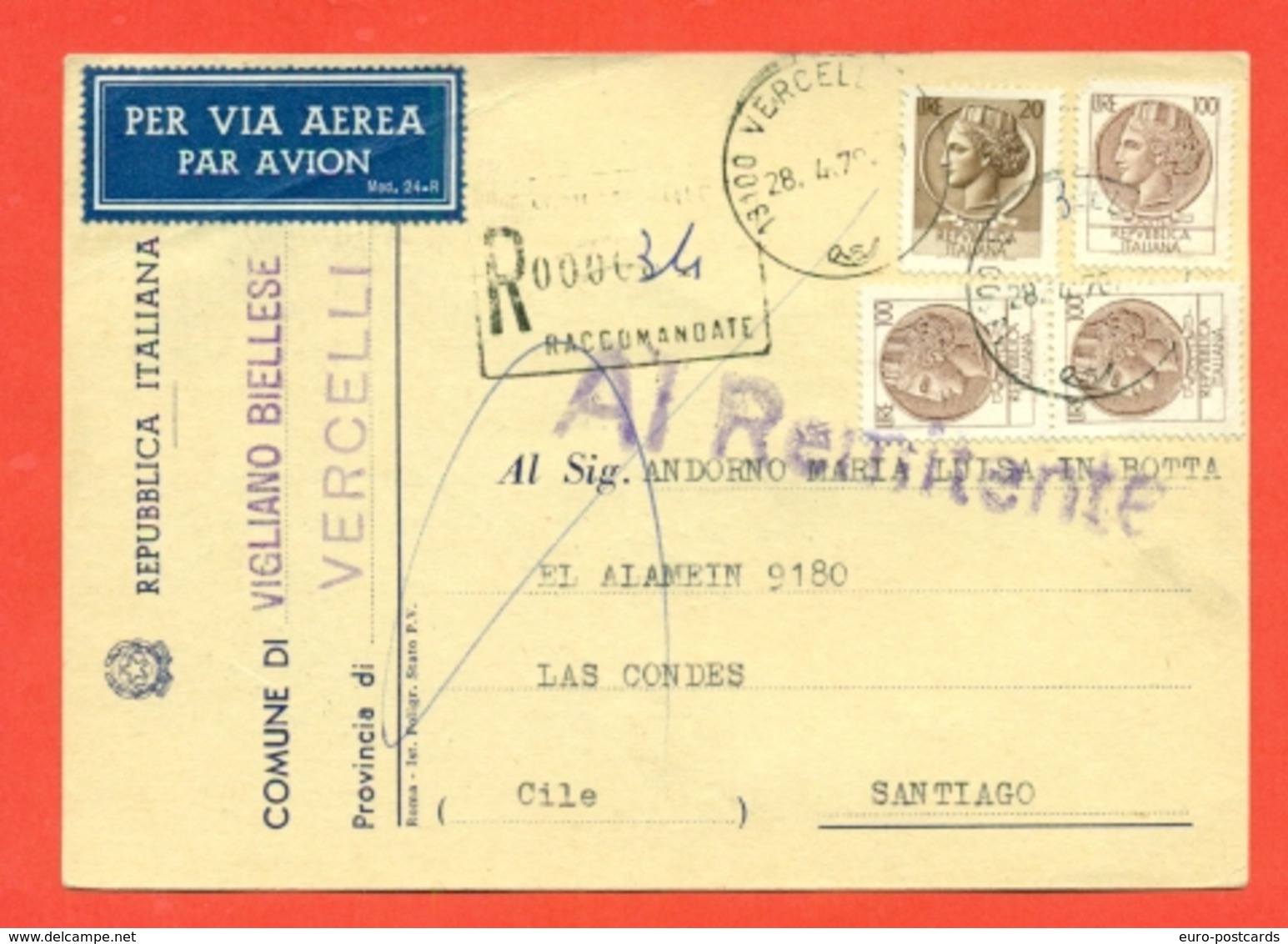 STORIA POSTALE PER L'ESTERO-CARTOLINA ELETTORALE RACCOMANDATA AEREA-DA VIGLIANO BIELLESE PER IL  CILE-SIRACUSANA - 1961-70: Marcophilia