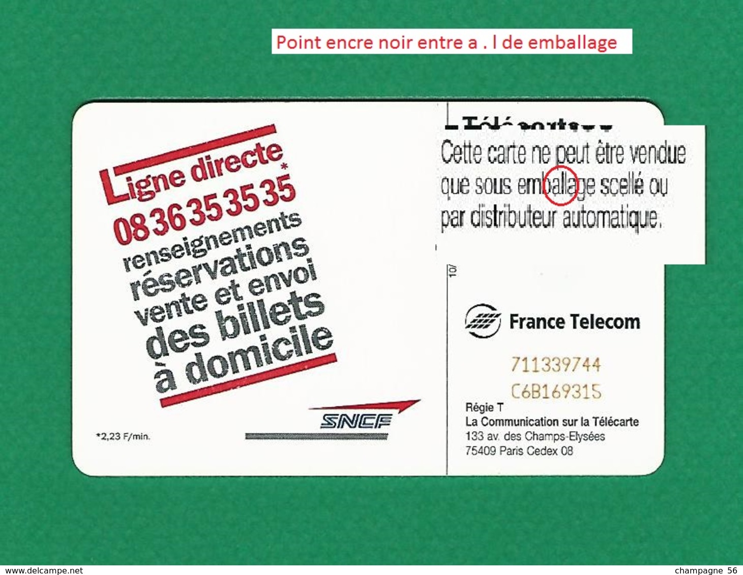 VARIÉTÉS FRANCE  10 / 1996 F698 980 PUCE SC7 S.N.C.F.  LIGNES DIRECTES  120 UNITÉ UTILISÉE - Variétés