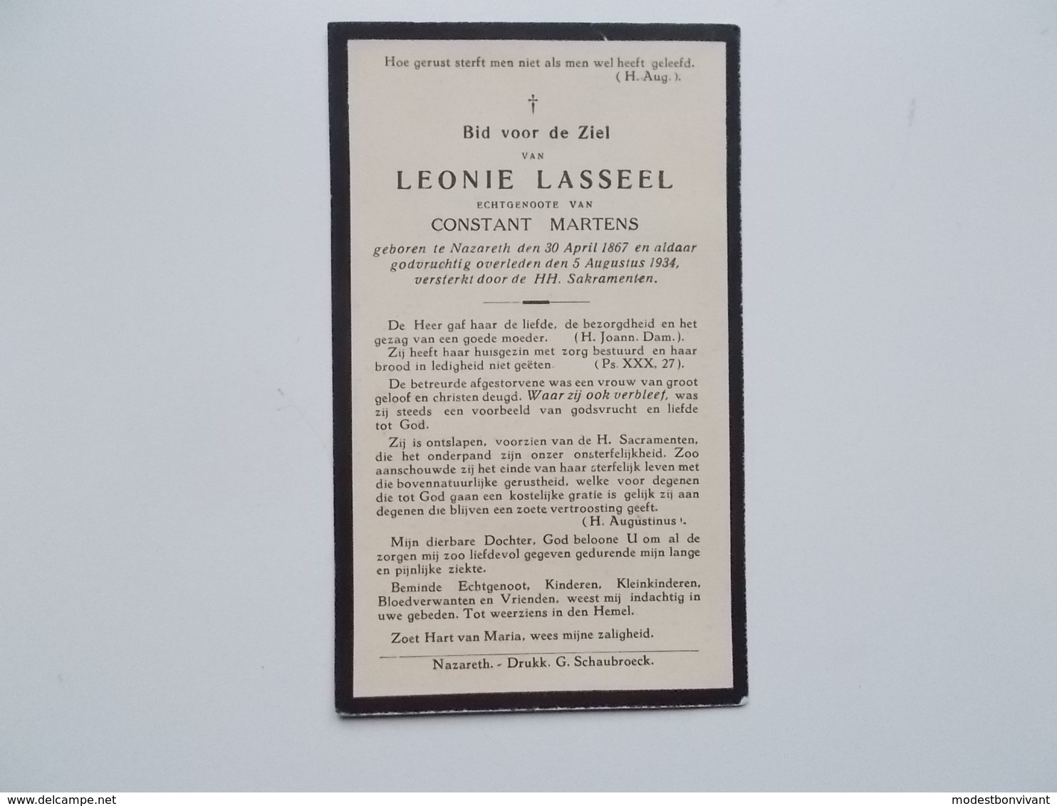 Oud Bidprentje: Leonie LASSEEL Echtg. Constant MARTENS, Nazareth 30/4/1867 - 5/8/1934 - Décès