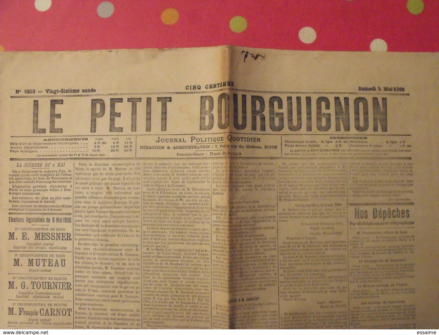 Journal Le Petit Bourguignon N° 9203 Du 5 Mai 1906. élections Législatives. Dijon. Rare - Autres & Non Classés