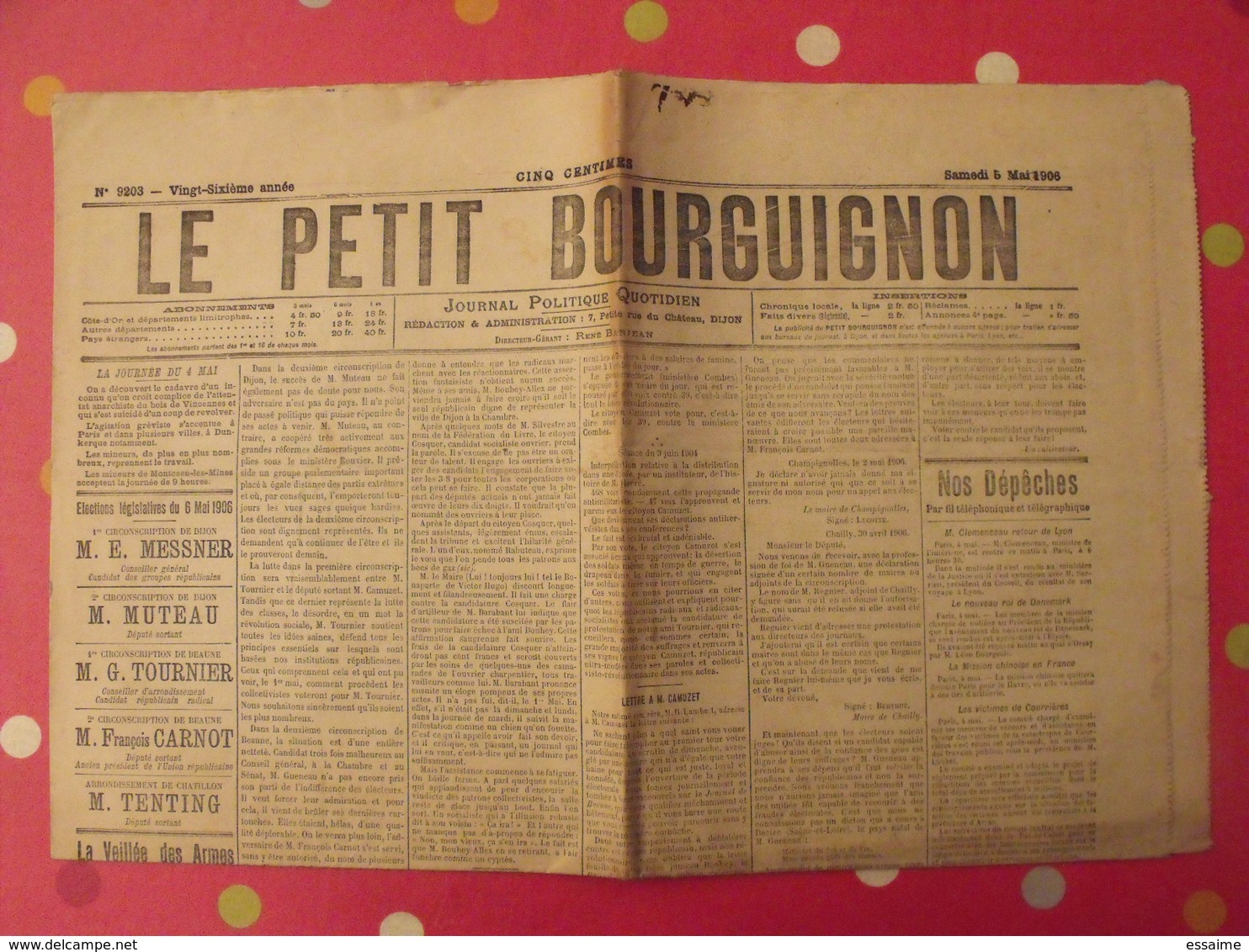 Journal Le Petit Bourguignon N° 9203 Du 5 Mai 1906. élections Législatives. Dijon. Rare - Autres & Non Classés