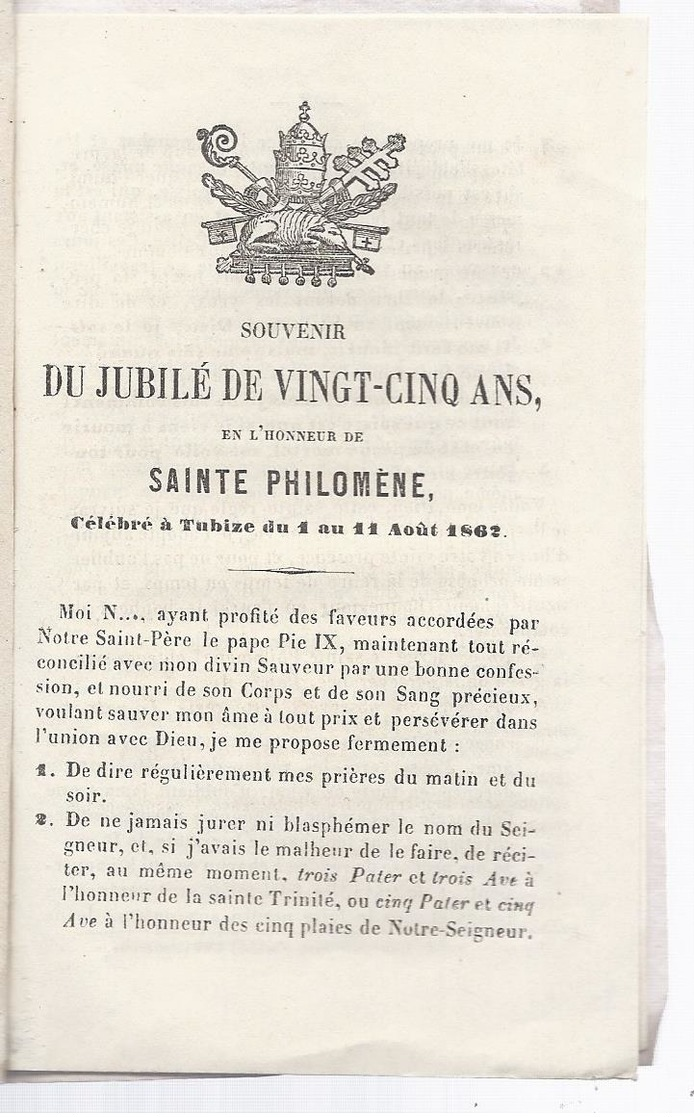 1862 NEUVAINE EN L' HONNEUR DE SAINTE PHILOMENE VIERGE ET MARTYRE + SOUVENIR DU JUBILE A TUBIZE 1862 - 1801-1900