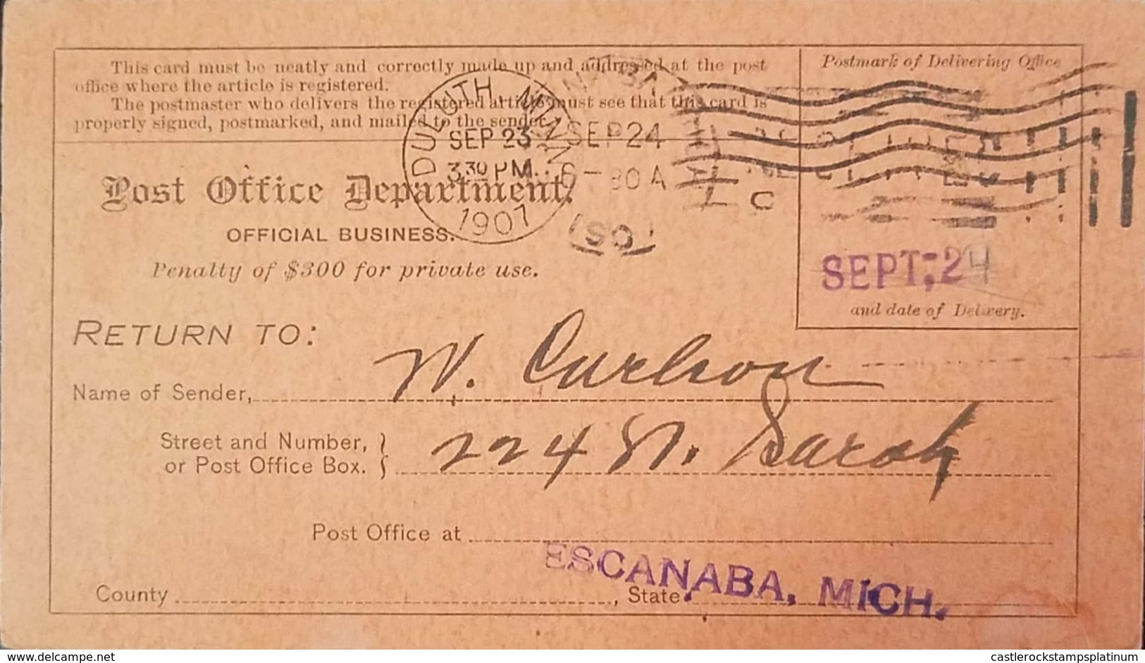 O) 1907 UNITED STATES-POST OFFICE DEPARTMENT-OFFICIAL BUSINESS, FROM DULUTH MINNESOTA, TO ESCANABA MICHIGAN, XF - Lettres & Documents