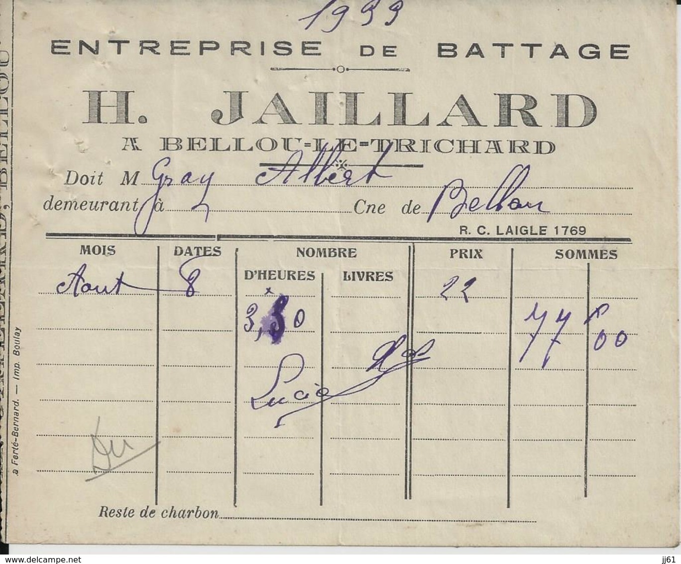 BELLOU LE TRICHARD H JAILLARD ENTREPRISE DE BATTAGE A MR GRAY ALBERT RECU - Autres & Non Classés