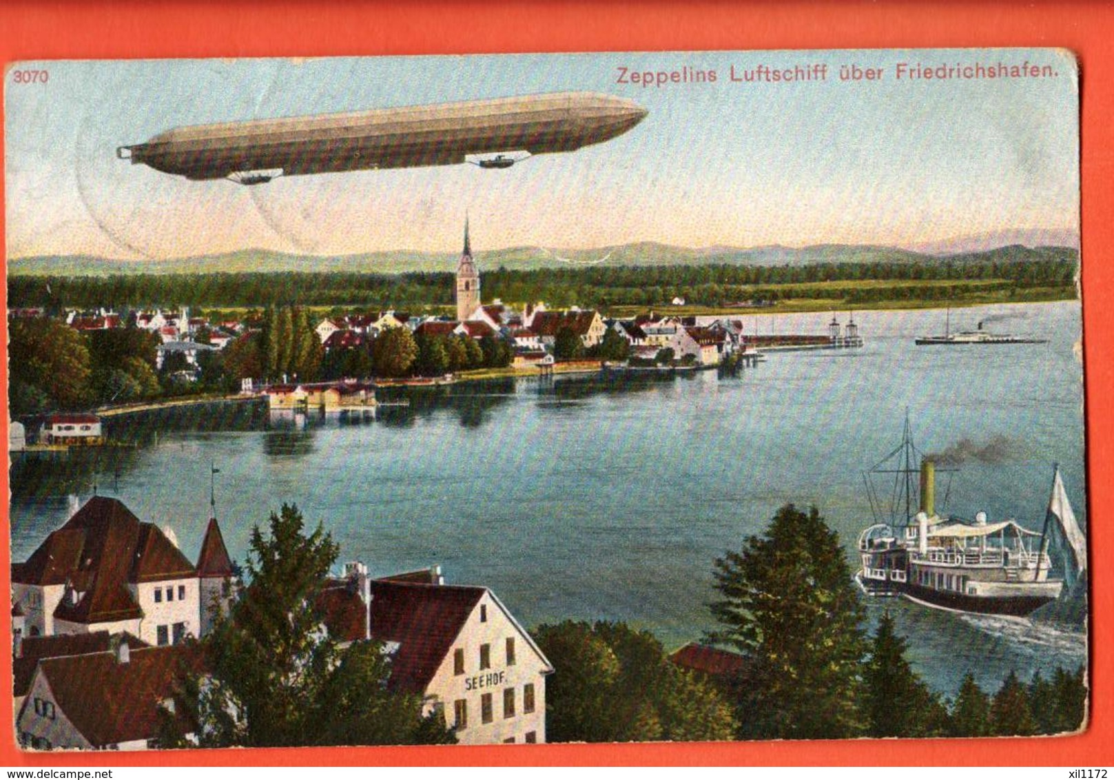 TRF-07  Friedrichshafen  Hafen Mit Graf Zeppelins Luftschiff. Gelaufen  Briefmarke Fehlt. Scan Rückseite On-line. - Friedrichshafen