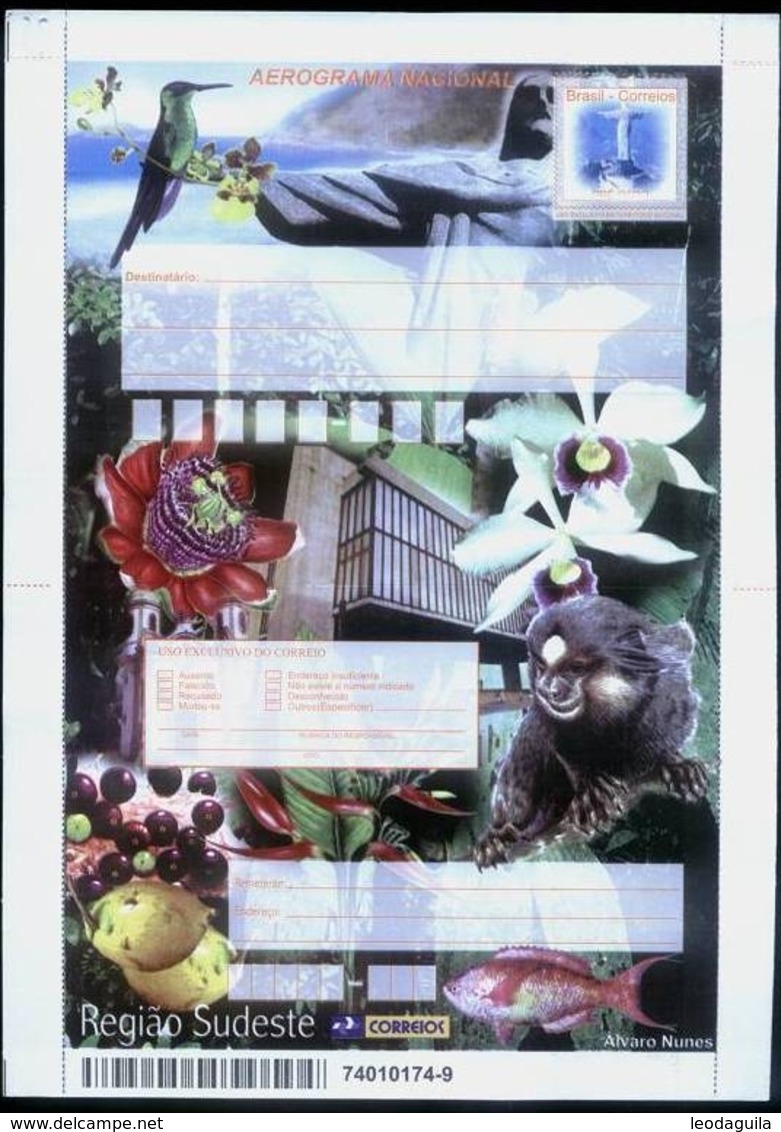 BRAZIL  Aerogramme, Southeast Region , Fruits, Hummingbird, Fish, Christ The Redeemer , Flowers - Postal Stationery