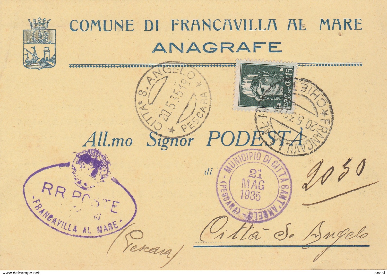 Francavilla Al Mare. 1935. Annullo Guller Su Cartolina Del COMUNE Di FRANCAVILLA AL MARE.   Araldica. - Marcophilie