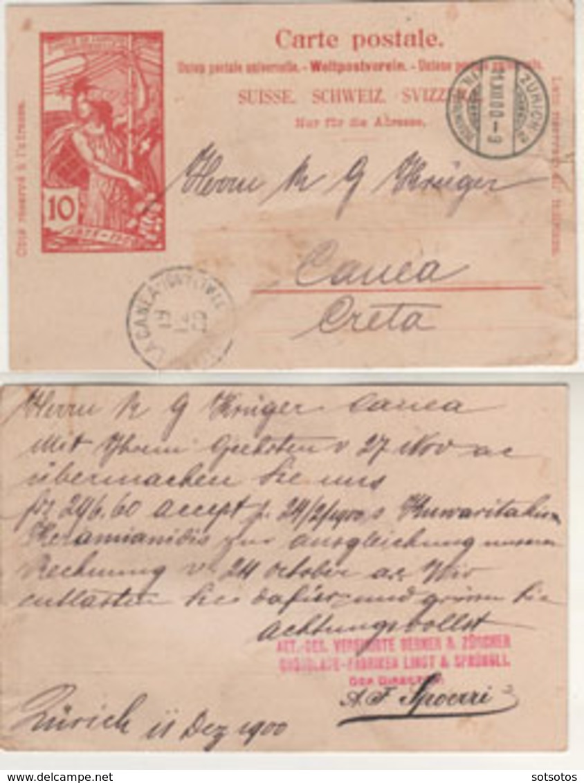 CRETE 19.12.1900: Postal Card De Suisse: Cachet D' Arrivee LA CANEA 19.12.00 Et Cachet ZURICH 11.XII.00  -  Very Rare - Crète