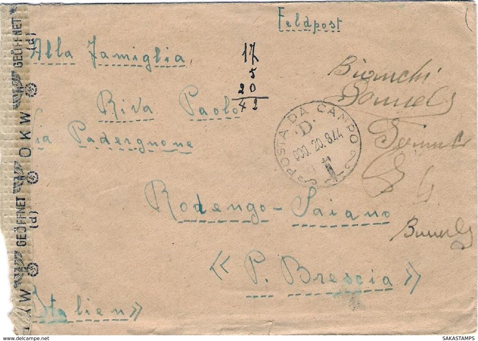 1944-lettera Con Testo ""Posta Da Campo / D / 20.8.44""  Indicazione Manoscritta Feldpost 84582 B - Poststempel