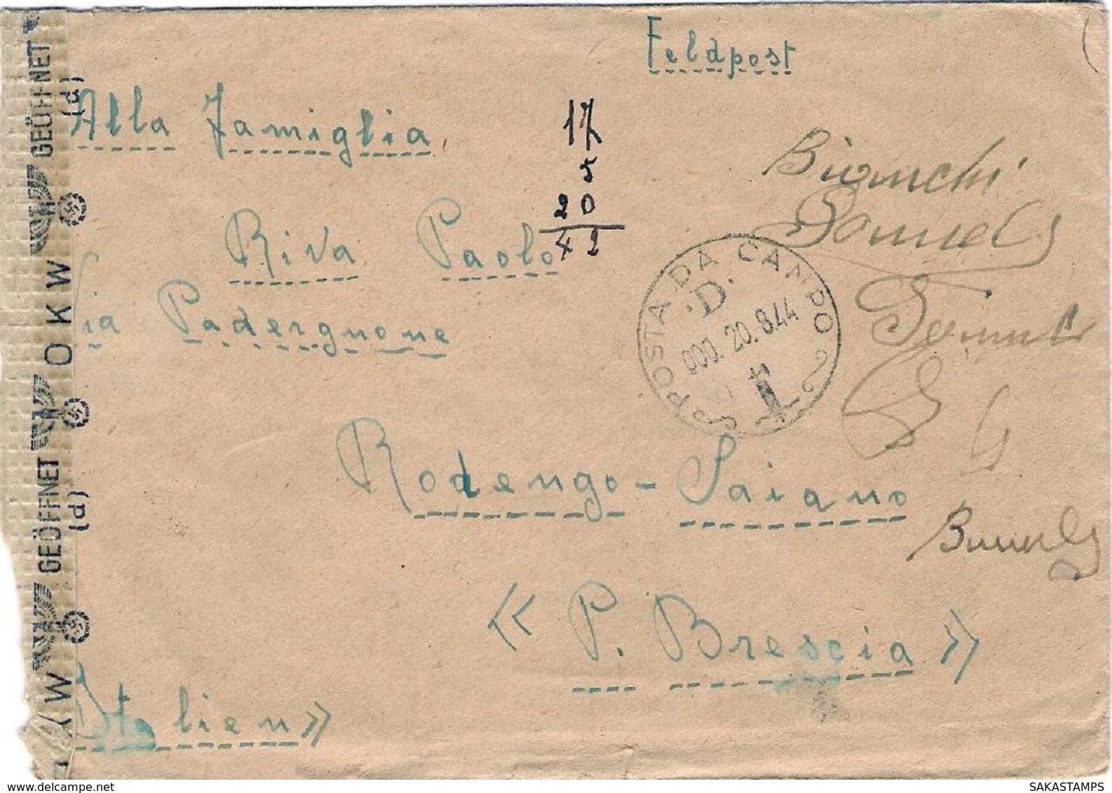 1944-lettera Con Testo ""Posta Da Campo / D / 20.8.44""  Indicazione Manoscritta Feldpost 84582 B - Storia Postale