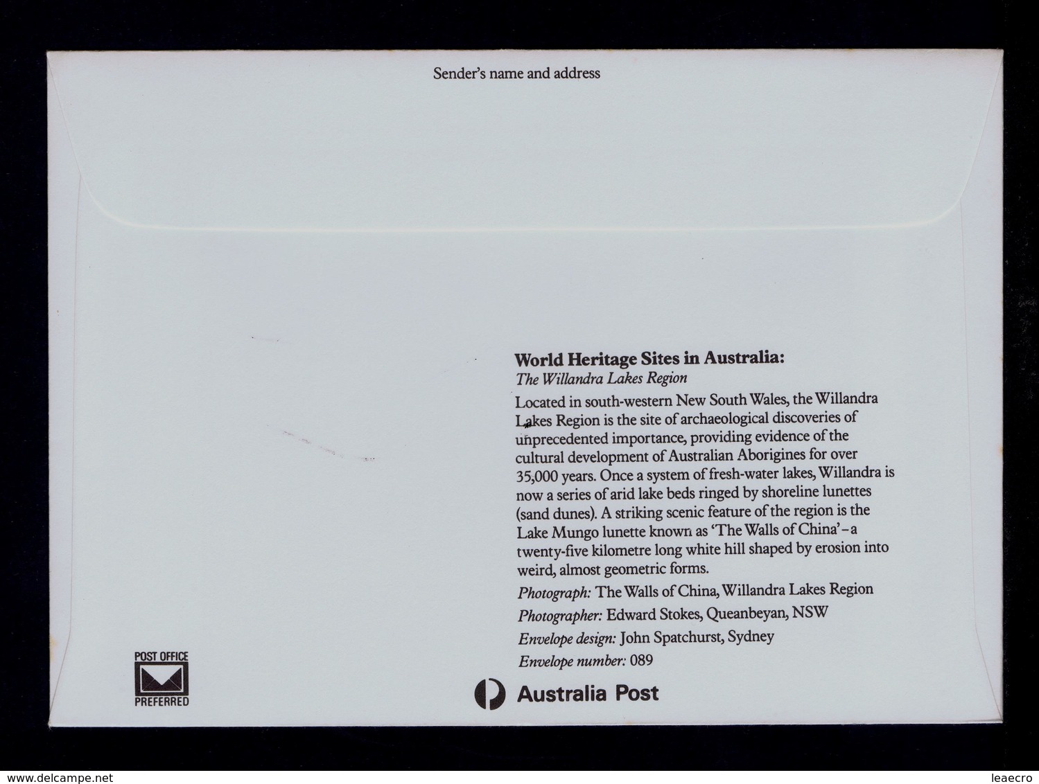 THE WALLS OF CHINE-Willandra Lakes Region Archaelogy 35.000 Years Australia Cover Postal Stationery World Heritage G3737 - Autres & Non Classés