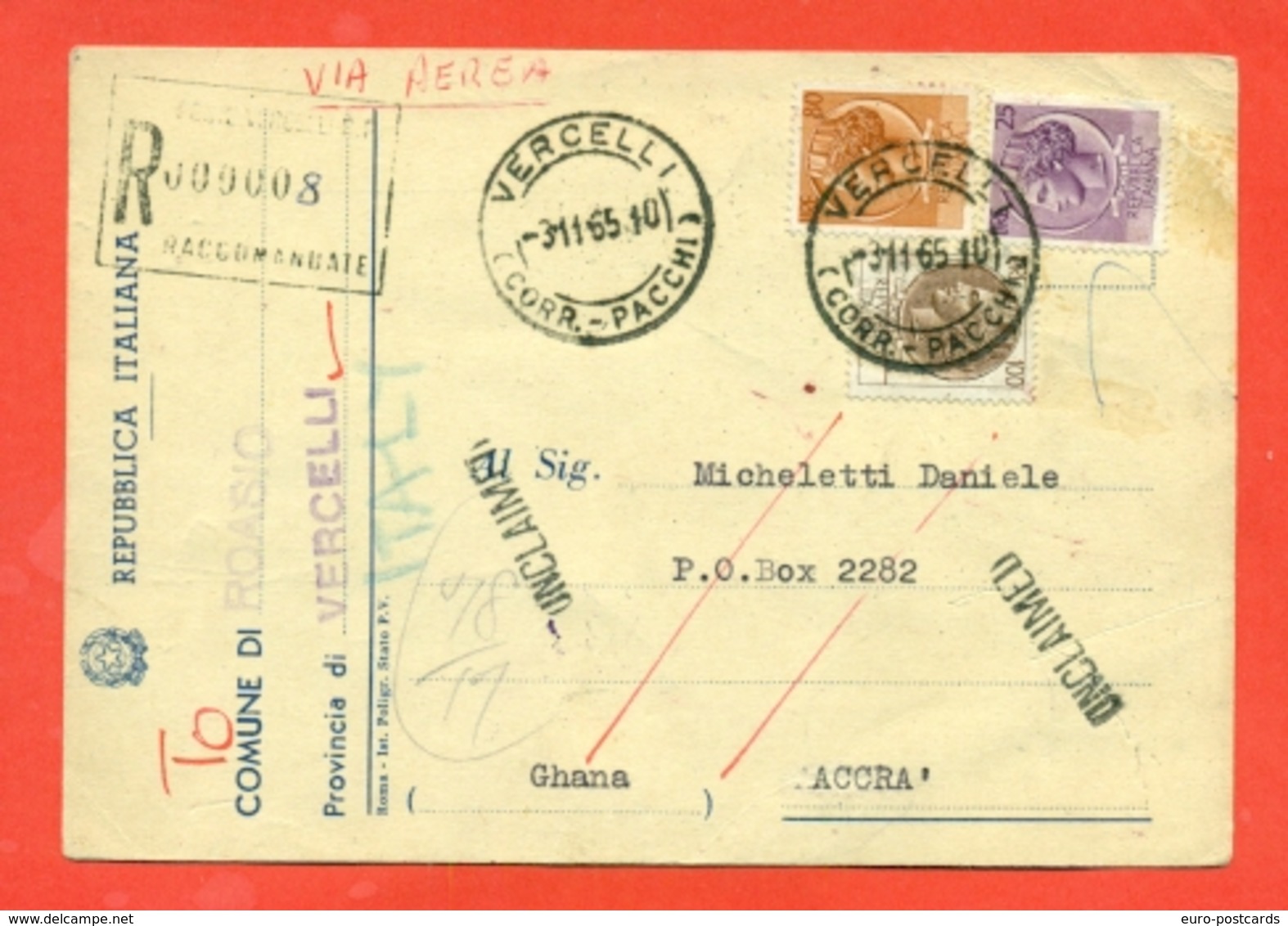 STORIA POSTALE PER L'ESTERO-CARTOLINA ELETTORALE RACCOMANDATA AEREA-DA  ROASIO PER IL GHANA-SIRACUSANA - 1961-70: Storia Postale