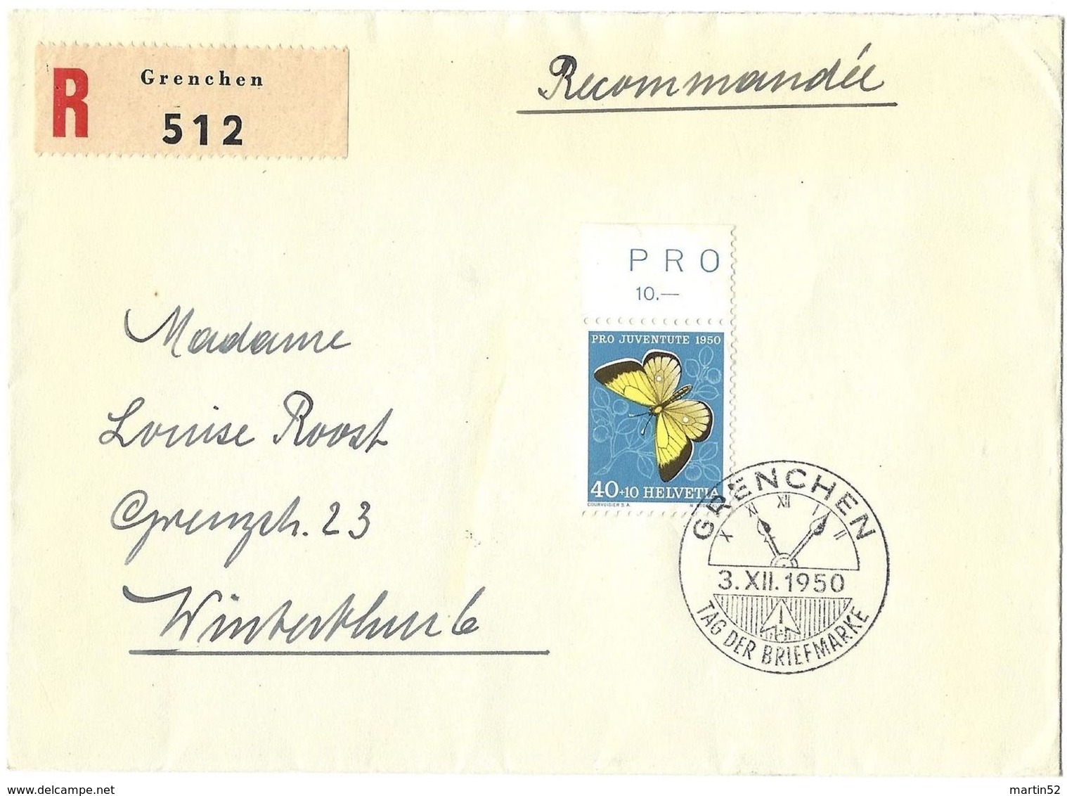 Schweiz Suisse 1950: Zu PJ137 Mi 554 Yv 506 Auf R-Brief Mit O TAG DER BRIEFMARKE 3.XII.1950 GRENCHEN (Zu CHF 32.00) - Stamp's Day